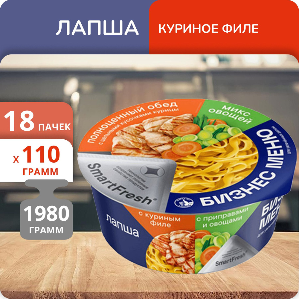 Упаковка 18 пачек Лапша Бизнес Меню куриное филе (тарелка) 110г