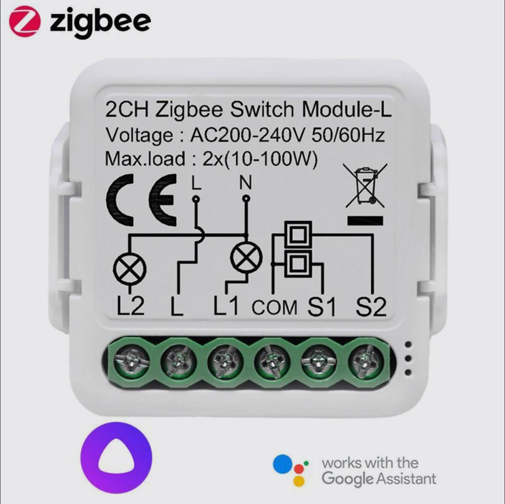 Умное реле Zigbee 2 канала, без нуля, 2x1000Вт, 2х100Вт (LED) #1