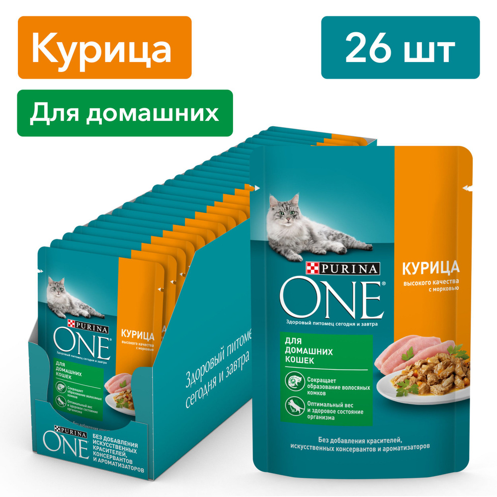 Влажный корм для кошек Purina One Housecat, с курицей и морковью, кусочки в соусе 26 х 75 г  #1