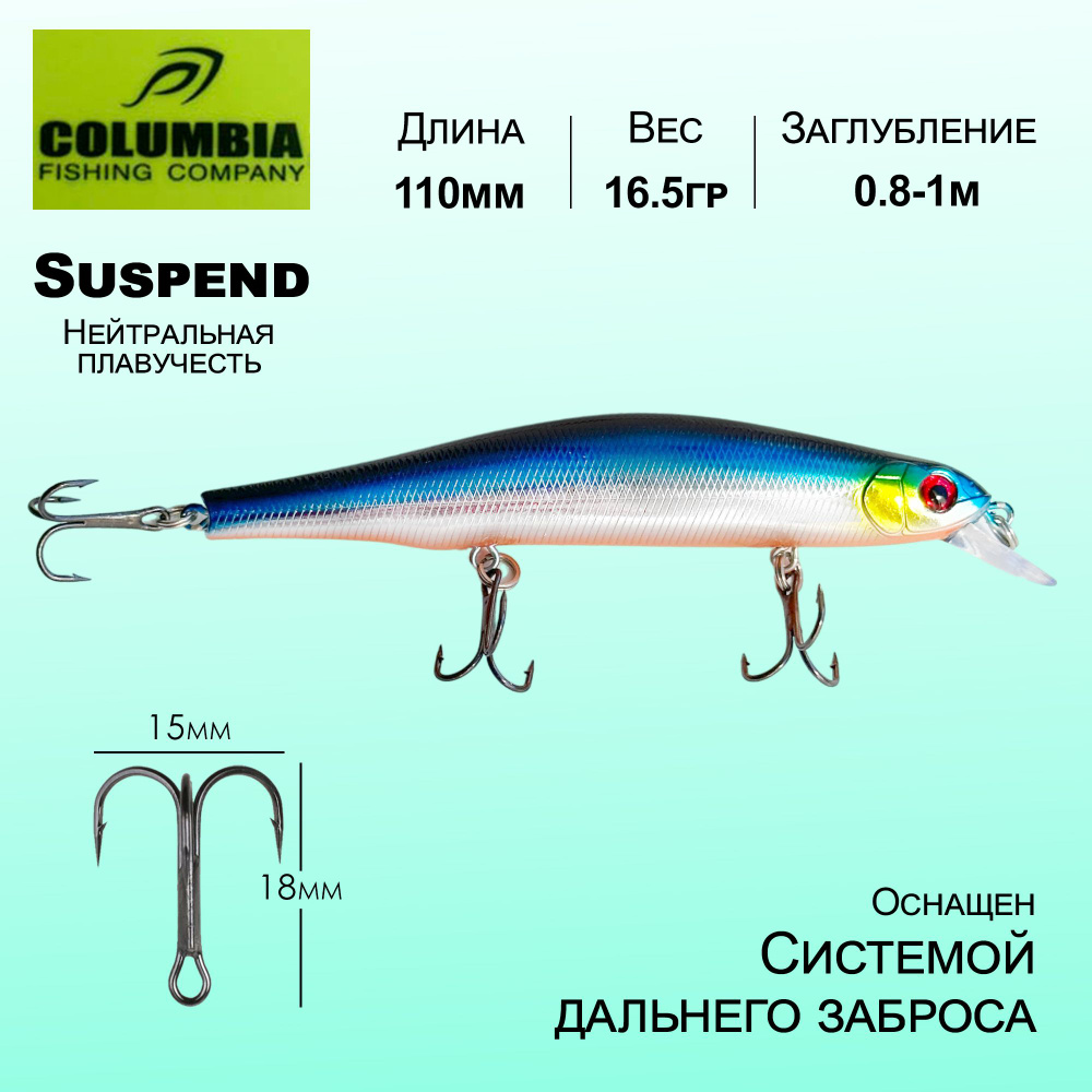 Воблер Columbia Fishing 110мм / 16.5гр / 0.8-1м Orbit Нейтральный Suspend Суспендер Minnow Мелководный #1