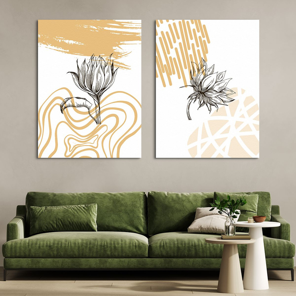 Модульная картина на стену, на холсте - Ботаническая иллюстрация цветы в стиле бохо 120x80 см  #1