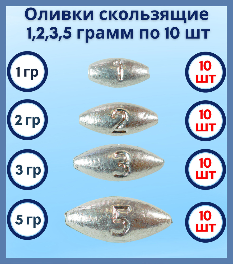 Набор грузил Оливка скользящая 1,2,3,5 грамм по 10 шт #1