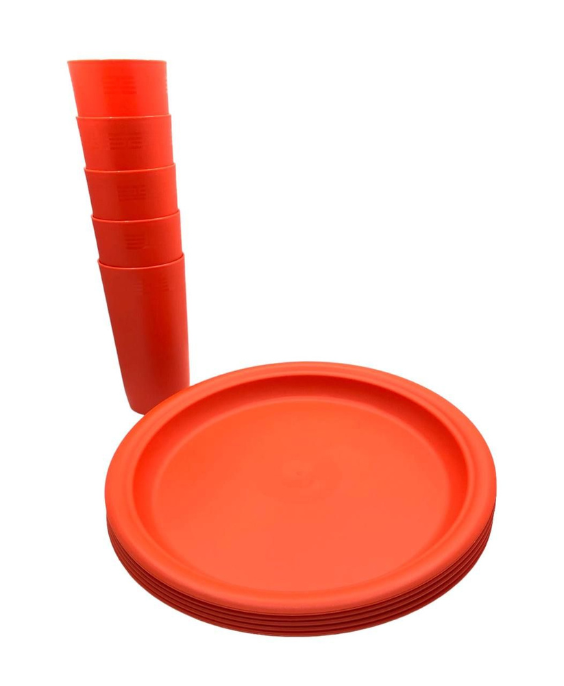 Набор посуды для пикника, тарелки пластиковые d 25 см, стаканы 400 мл, по 5 шт, цвет красный  #1