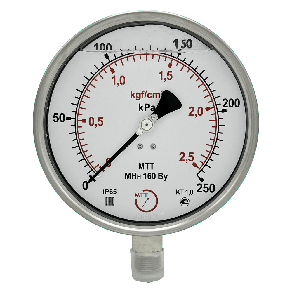Манометр виброустойчивый из нержавеющей стали МНн160 от 0 до 250 кПа (2,5 бар), резьба М20х1,5 класс #1