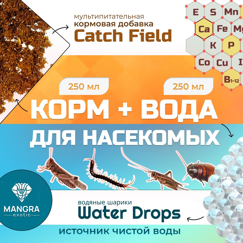 Корм + вода для насекомых MANGRA exotic: водяные шарики "Water Drops" (250 мл) + "Catch Field" (250 мл) #1