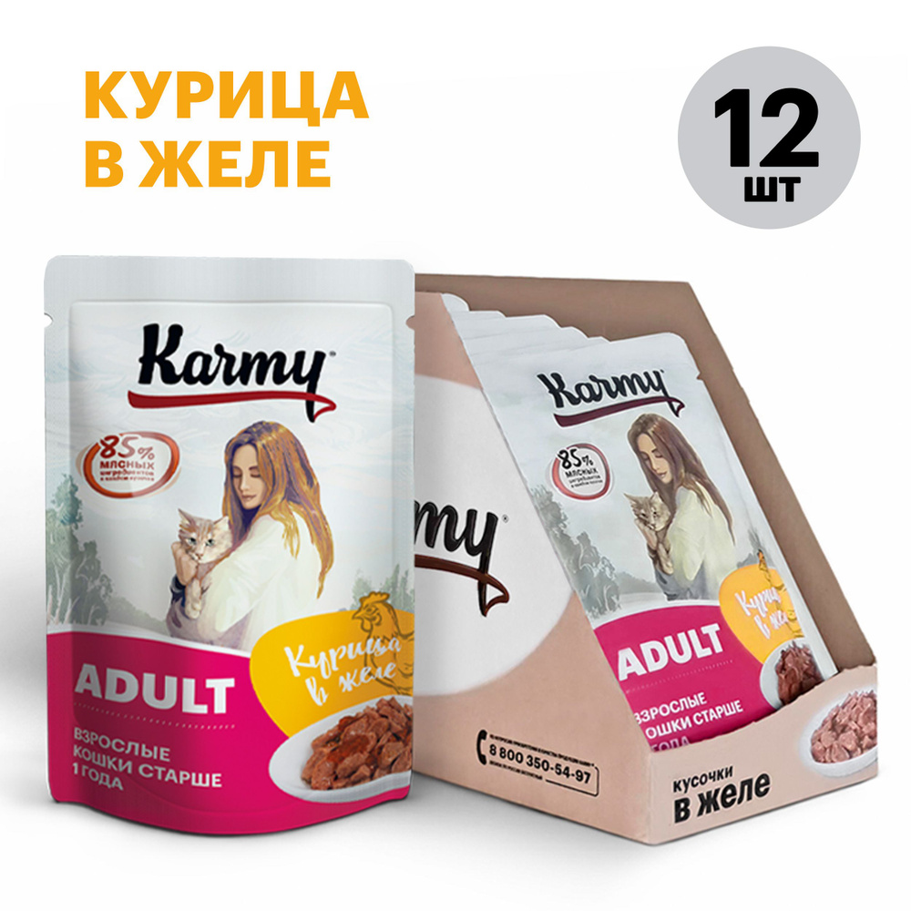 Корм для кошек влажный старше 1 года KARMY ADULT Паучи 12 шт. по 80г. Курица в желе  #1