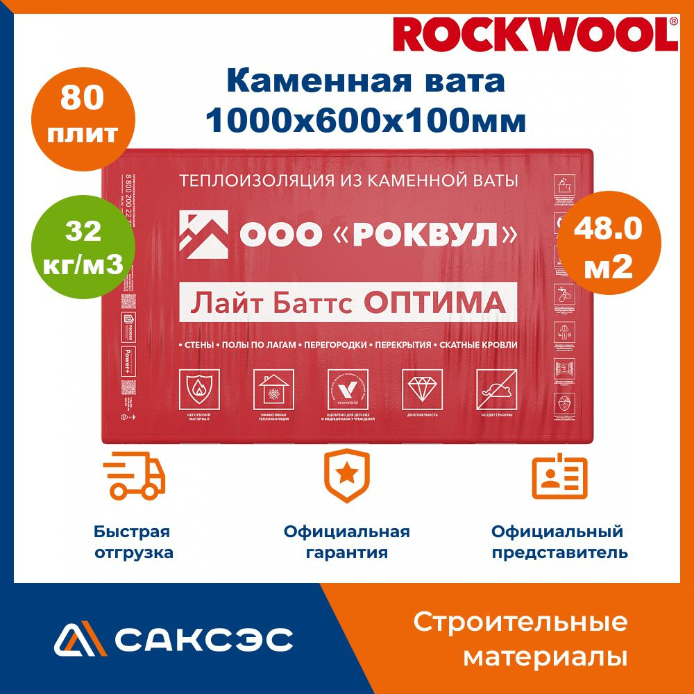 Каменная вата базальтовый утеплитель Роквул Лайт Баттс Оптима 1000х600х100мм, 80 плит,48 м2 / ROCKWOOL #1