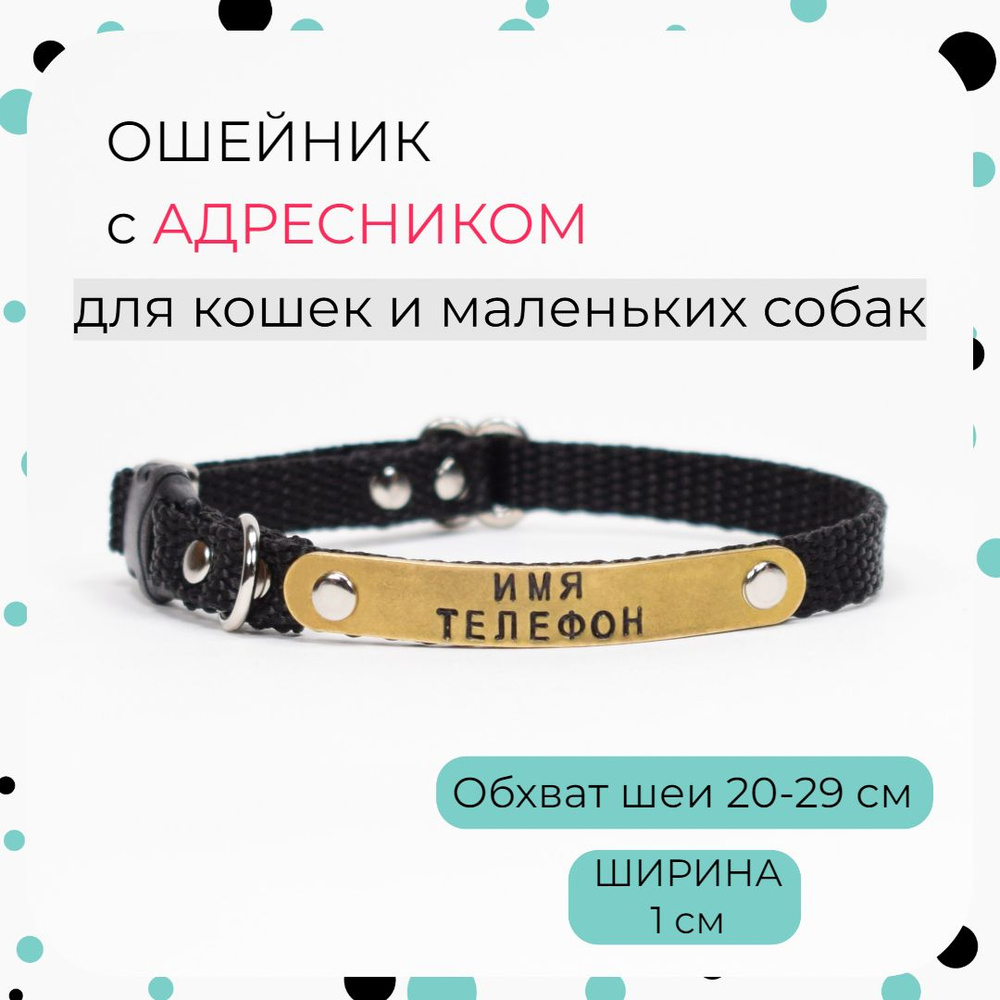 Ошейник для кошек с адресником, черный, 20-29 см, ширина 1 см, DOG Goods  #1