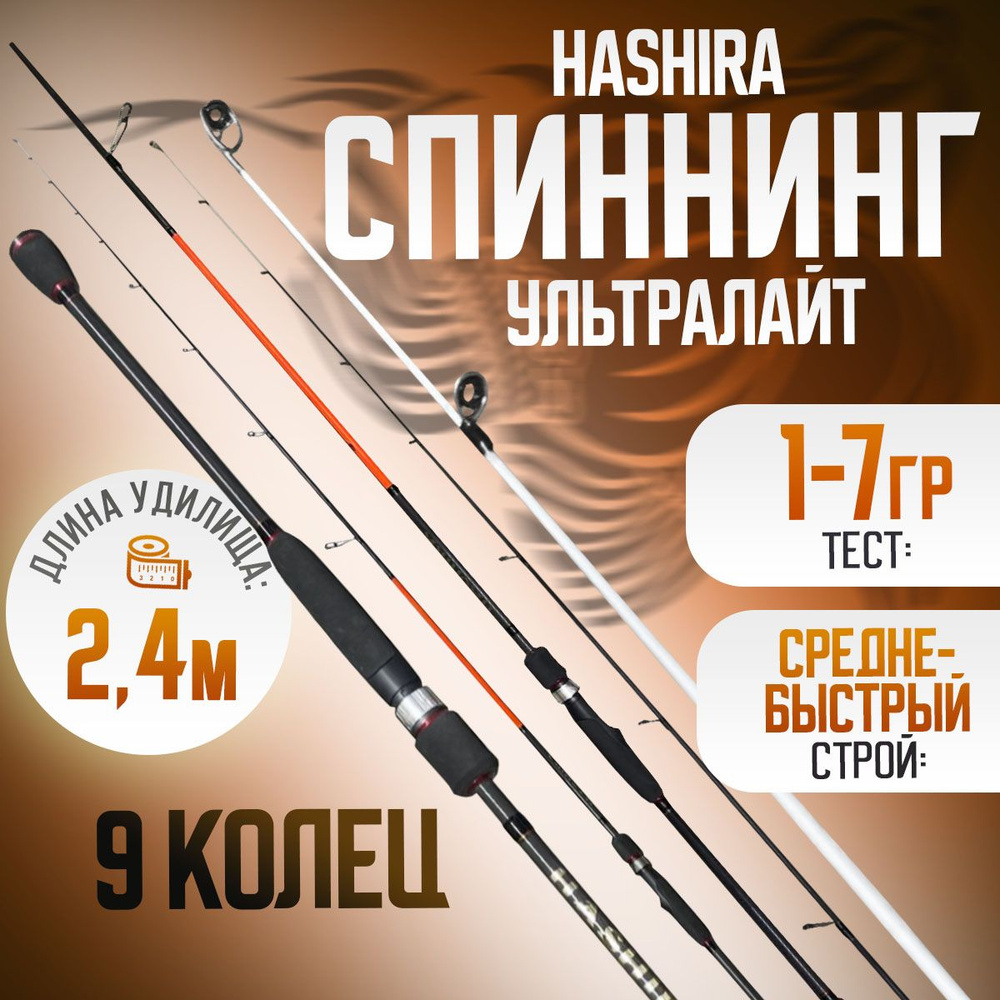 Спиннинг ультралайт HASHIRA 240см тест: 1-7гр, материал CARBON #1