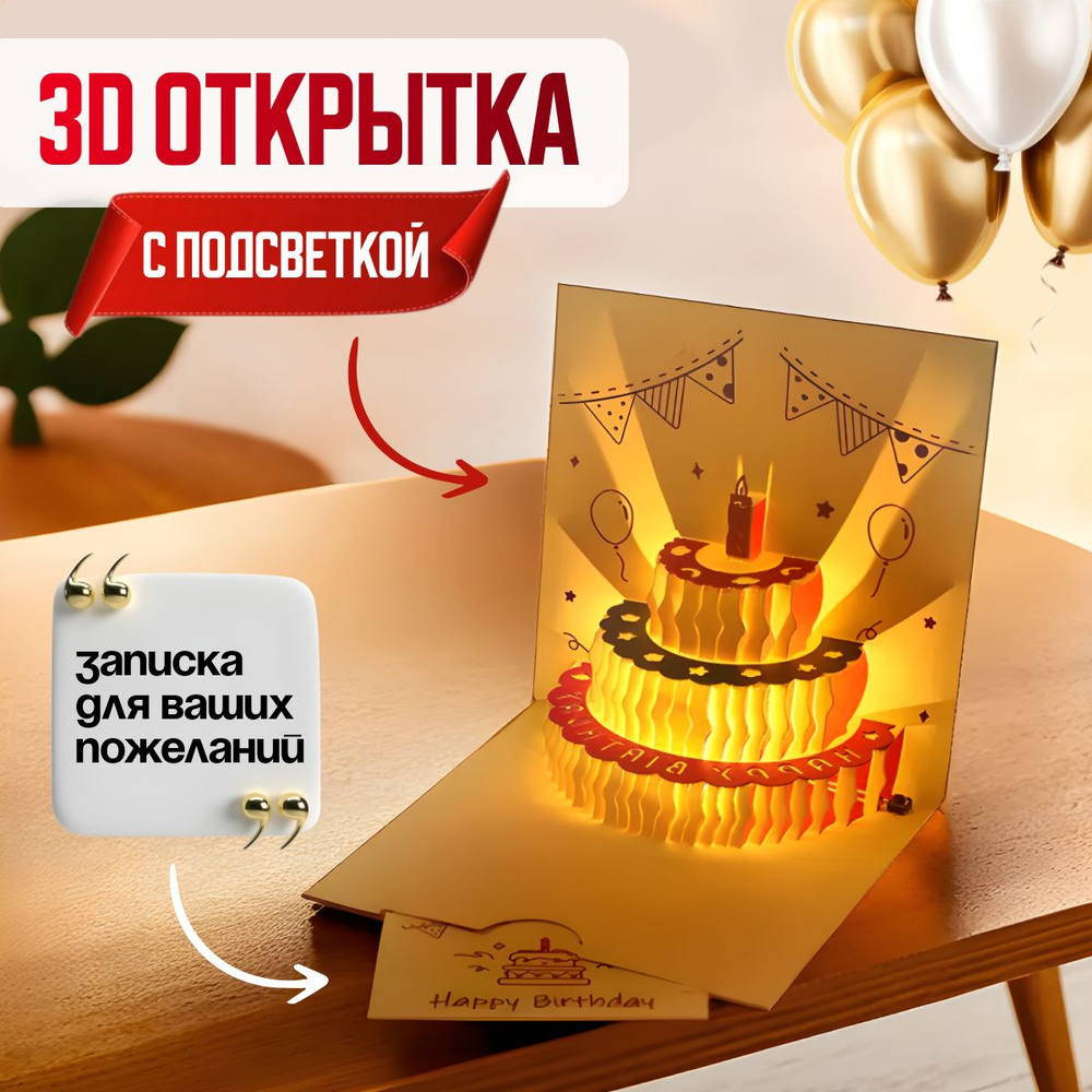 Открытка с днем рождения 3d, объемная открытка (красная) #1