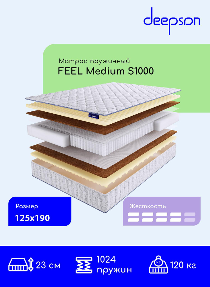 Матрас Deepson FEEL Medium S1000 средней жесткости, полутороспальный, пружинный, на кровать 125x190  #1