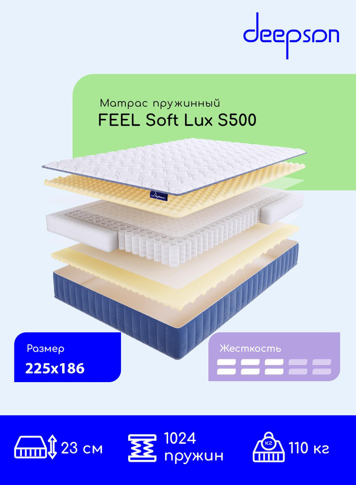 Deepson FEEL Soft LUX S500 средней жесткости, Двуспальный, Беспружинный, На кровать 225x186  #1