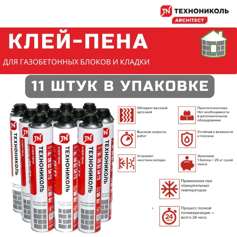 Клей-пена ТЕХНОНИКОЛЬ для газобетонных блоков и кладки, 11 х 900 гр. Товар уцененный  #1