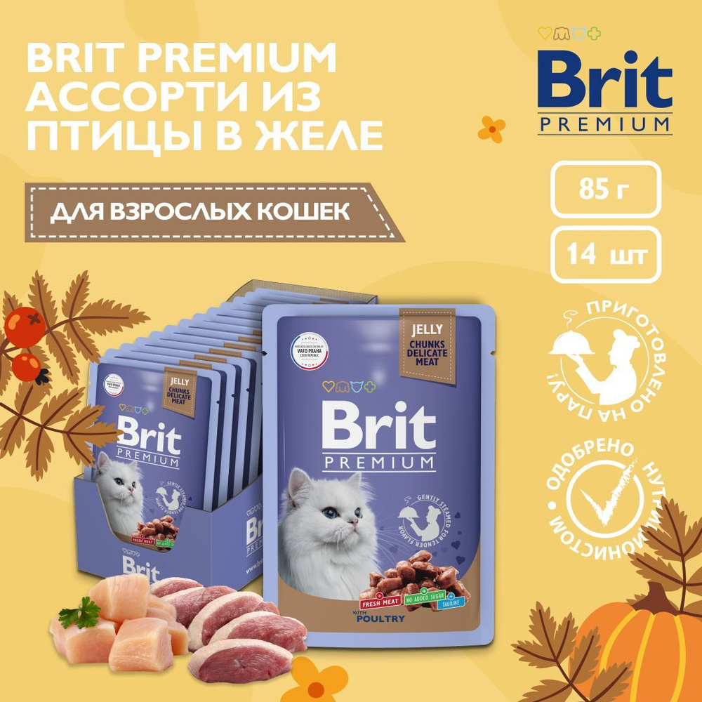 Корм влажный для кошек Brit Premium, ассорти из птицы в желе, 85 г х 14 шт  #1