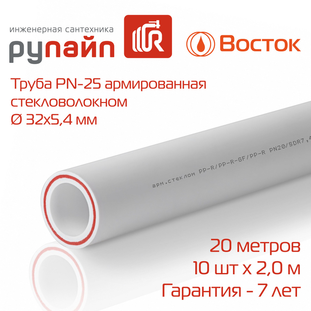 Труба полипропиленовая 32 х 5,4 мм, PN-25, армированная стекловолокном, 10 отрезков по 2 метра (20 метров), #1