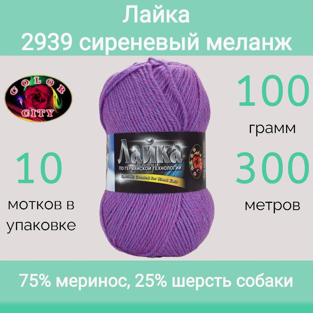 Пряжа Color City Лайка цвет 2939 сиреневый меланж (100г/300м, упаковка 10 мотков)  #1