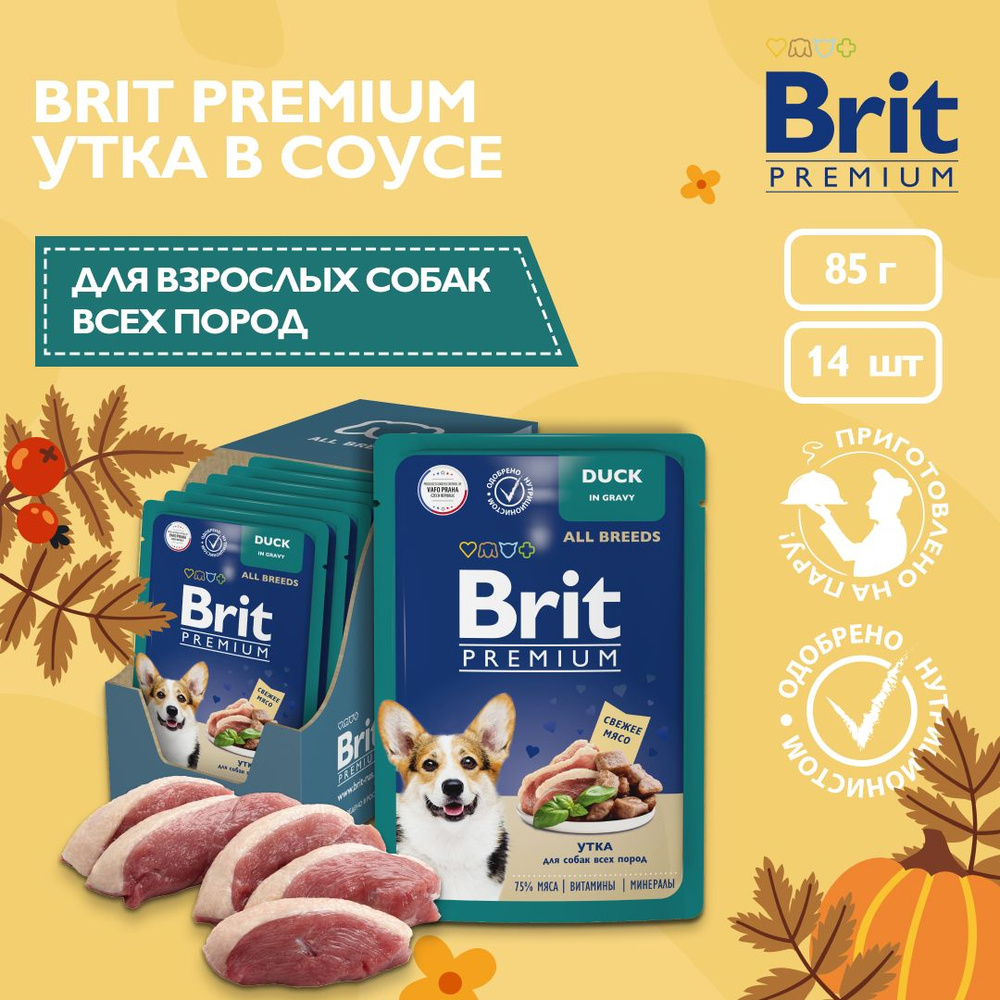 Корм влажный для взрослых собак всех пород BRIT PREMIUM паучи Утка в соусе, 14 шт x 85г  #1