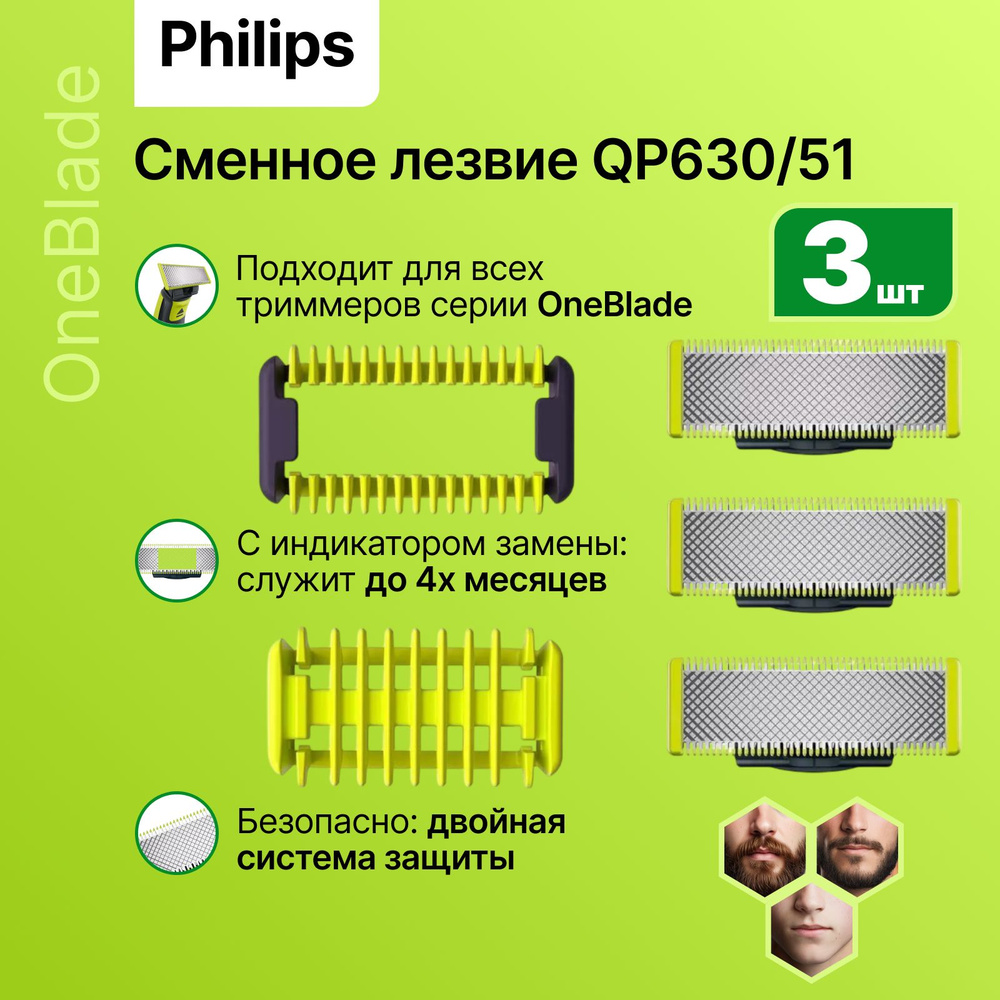 Сменные лезвия Philips OneBlade (QP630/51) для триммера, 3 шт. #1