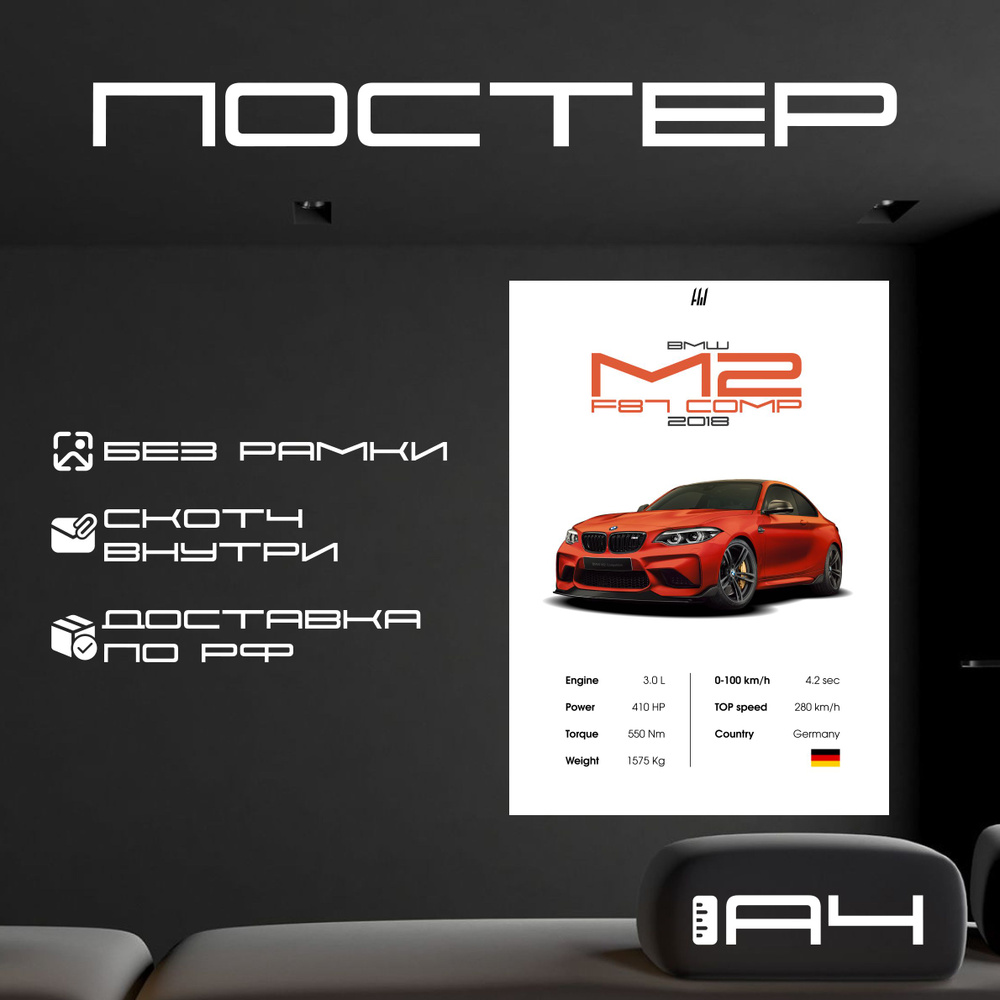 Постер "BMW M2 F87 COMPETITION с характеристиками без рамки, формат А4", 29.7 см х 21 см  #1