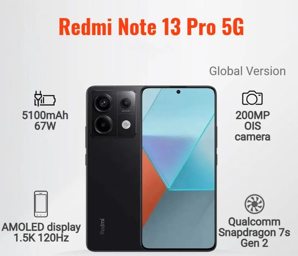 Xiaomi Смартфон Redmi Note 13 Pro（Русский, Google, Dual-SIM） 8/256 ГБ, черный матовый, черный  #1