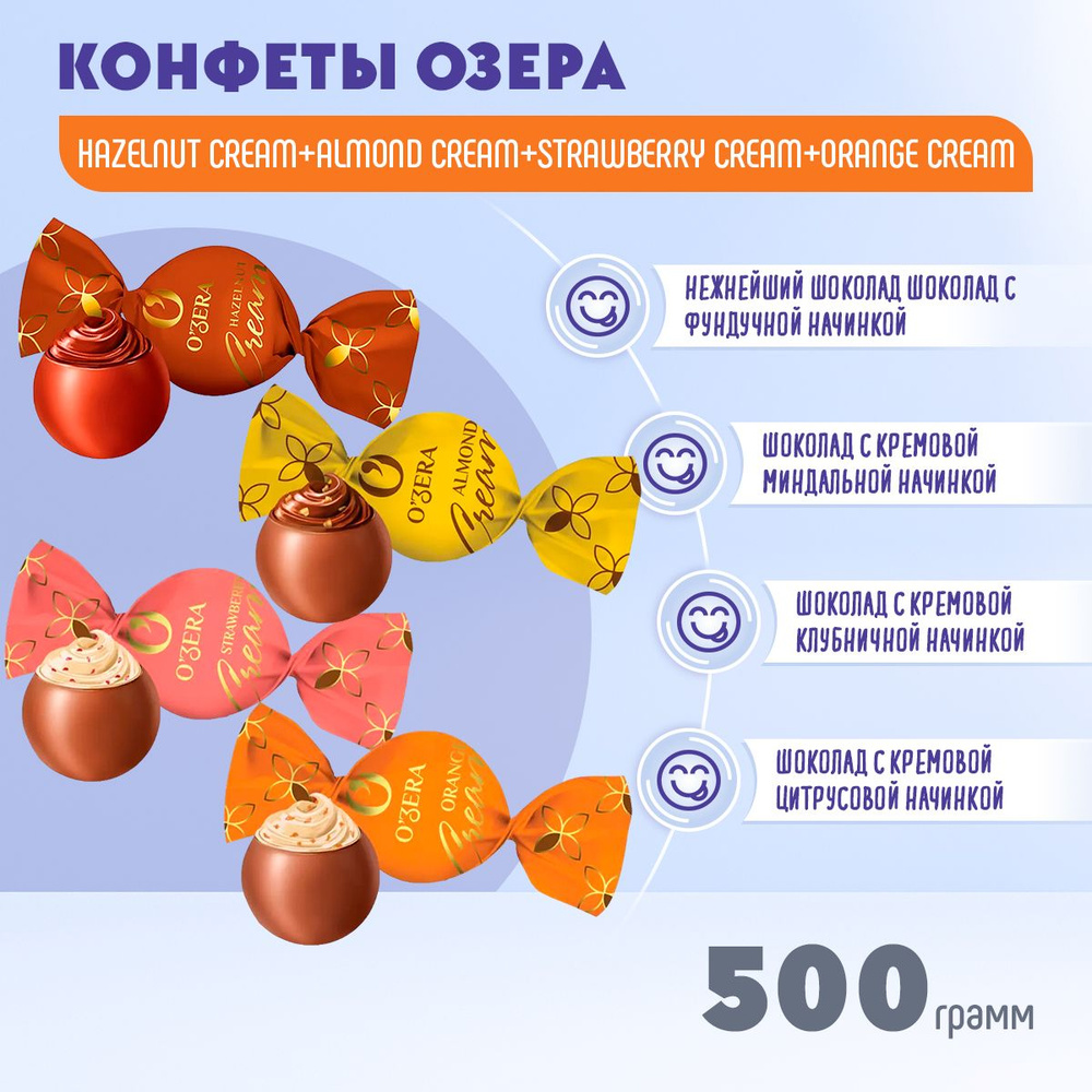 Конфеты Микс Озера шоколадные конфеты: Hazelnut + Almond + Strawberry + Orange / Cream 500 грамм / КДВ #1