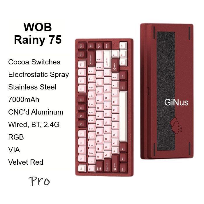 WOB Игровая клавиатура беспроводная Rainy75 Pro, VelvetRed, RGB, CocoaSwitches, ElecSpray, Английская #1