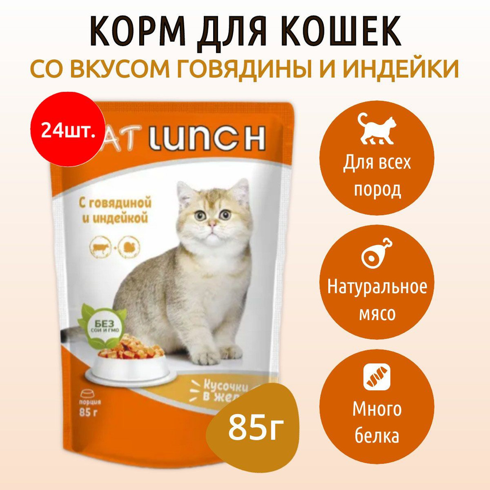 Влажный корм CAT LUNCH 2040 г (24 упаковки по 85 грамм) для кошек Говядина и индейка кусочки в желе, #1