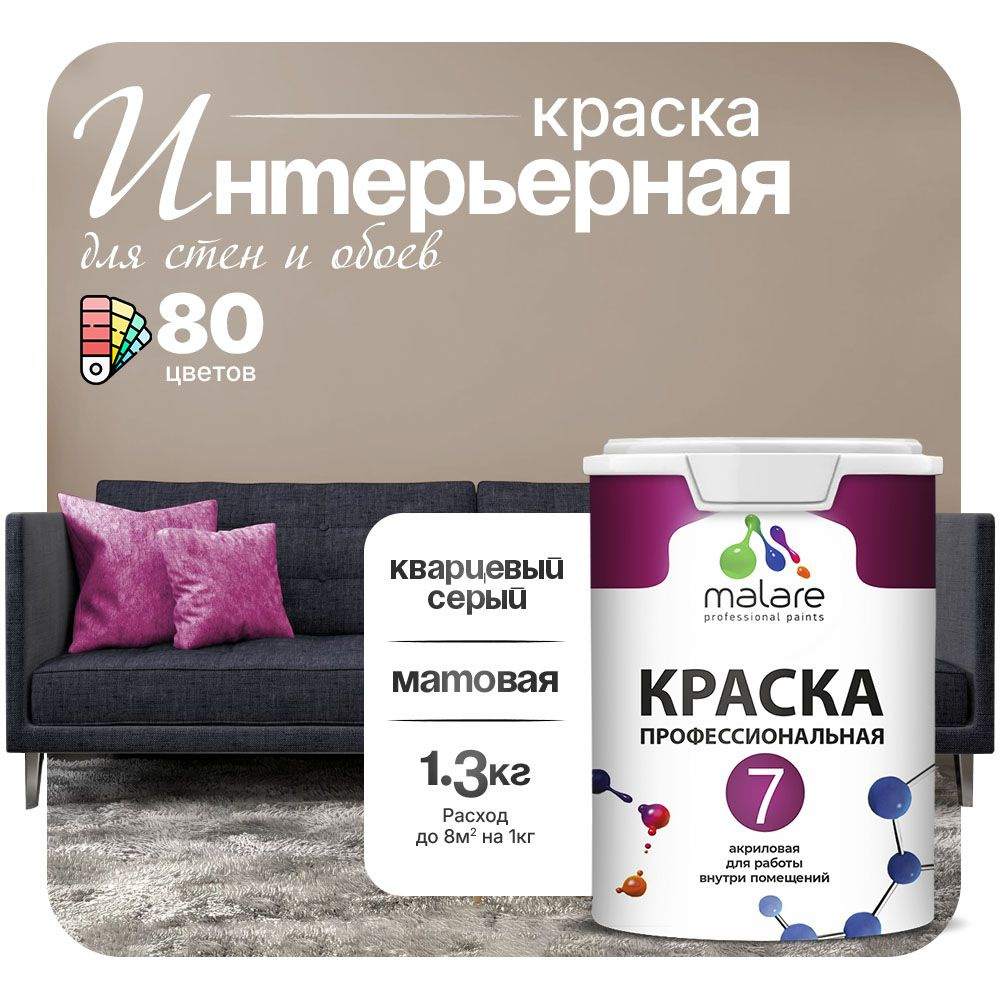 Краска Malare Professional Euro №7 интерьерная для стен и обоев, для потолка, акриловая, быстросохнущая, #1