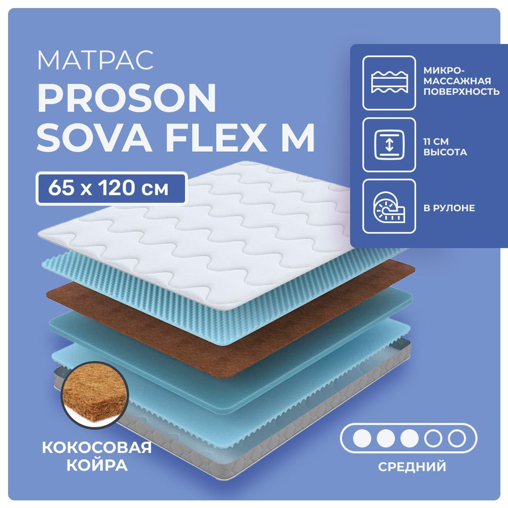 Матрас 65х120 ProSon Sova Flex M, беспружинный, двусторонний с разной жесткостью, cредне-жёсткий, кокосовое #1