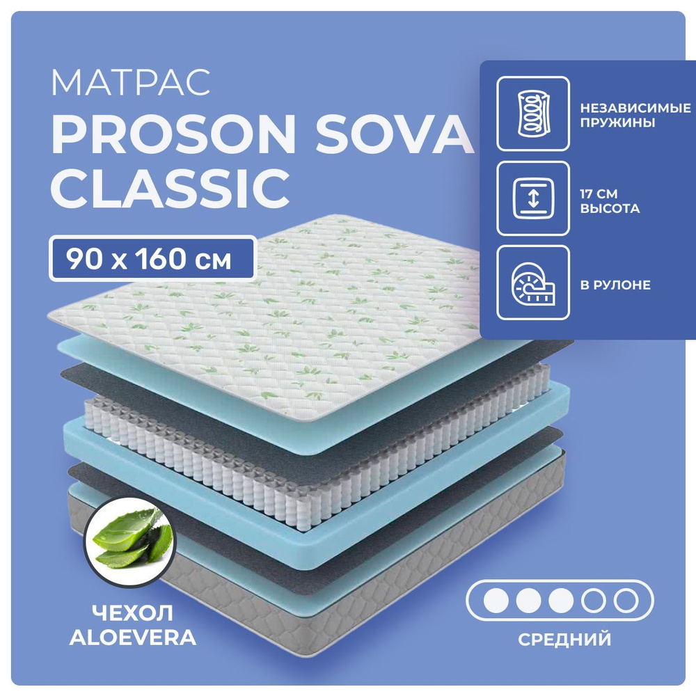 Матрас 90х160 ProSon Sova Classic, независимые пружины, односторонний, cредне-жёсткий, пенополиуретан, #1