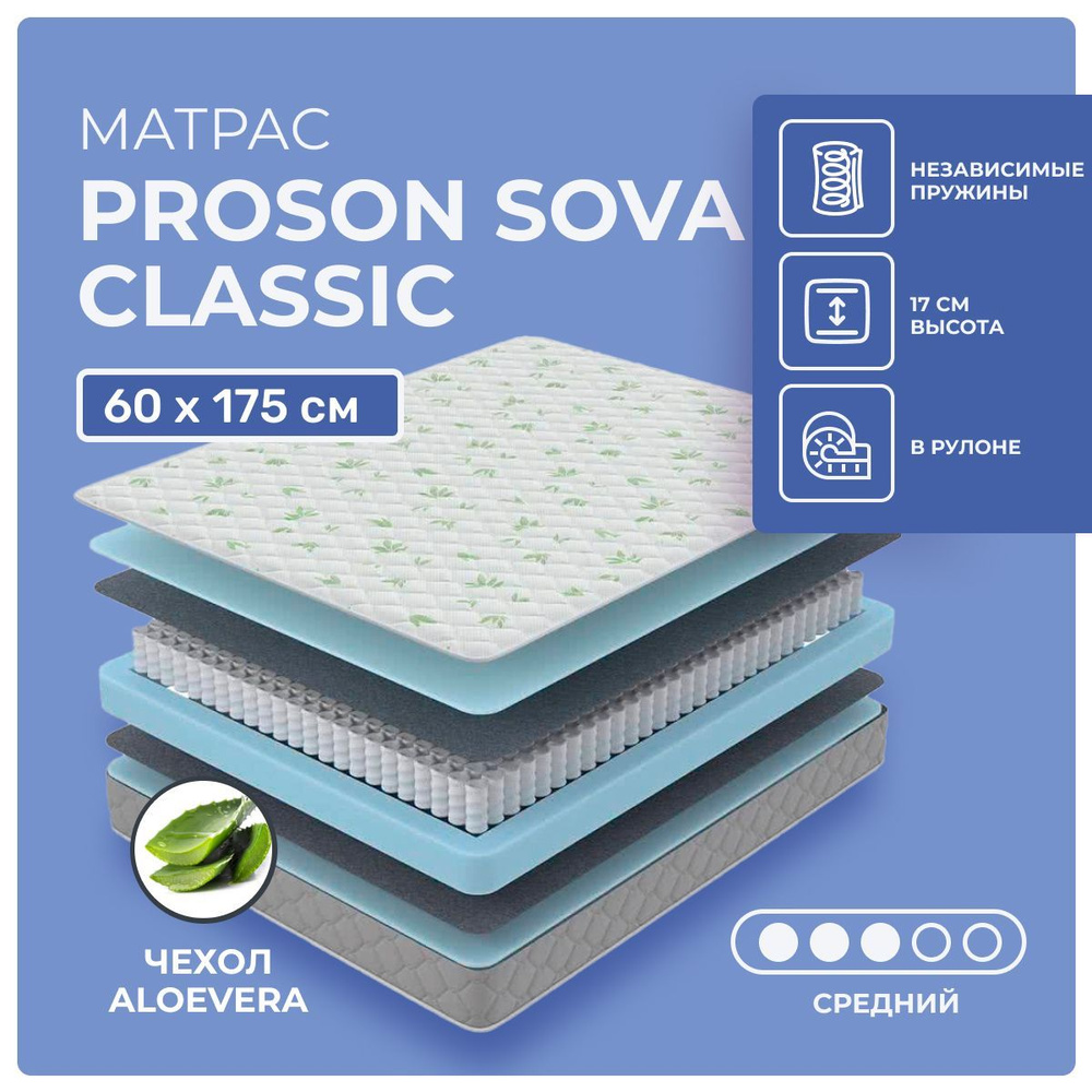 Матрас 60х175 ProSon Sova Classic, независимые пружины, односторонний, cредне-жёсткий, пенополиуретан, #1