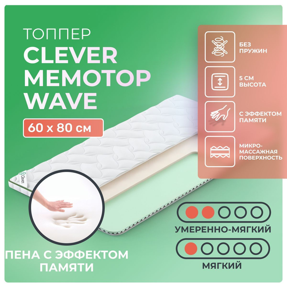 Топпер 60х80 Clever MemoTop Wave, с резинками по углам, беспружинный, двусторонний с разной жесткостью, #1