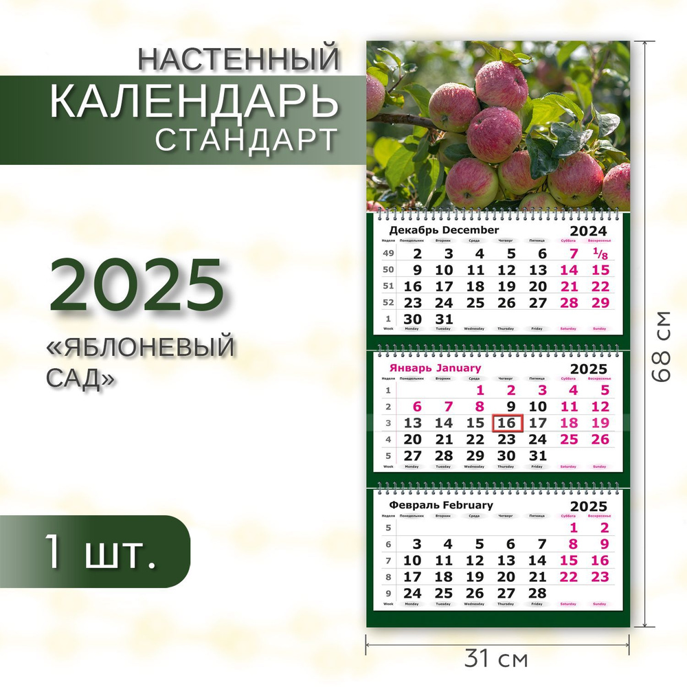 Календарь 2025 настенный трехблочный квартальный СТАНДАРТ ПОЛИНОМ Яблоневый сад, 31х68см, 1шт/уп  #1