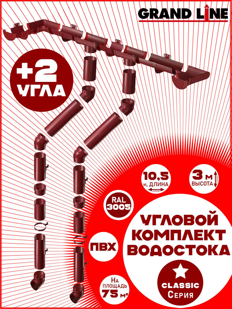 Угловой комплект водостока Grand Line на 10,5 м карниза (120мм/90мм) +2 угла вишневый для вальмовой кровли, #1