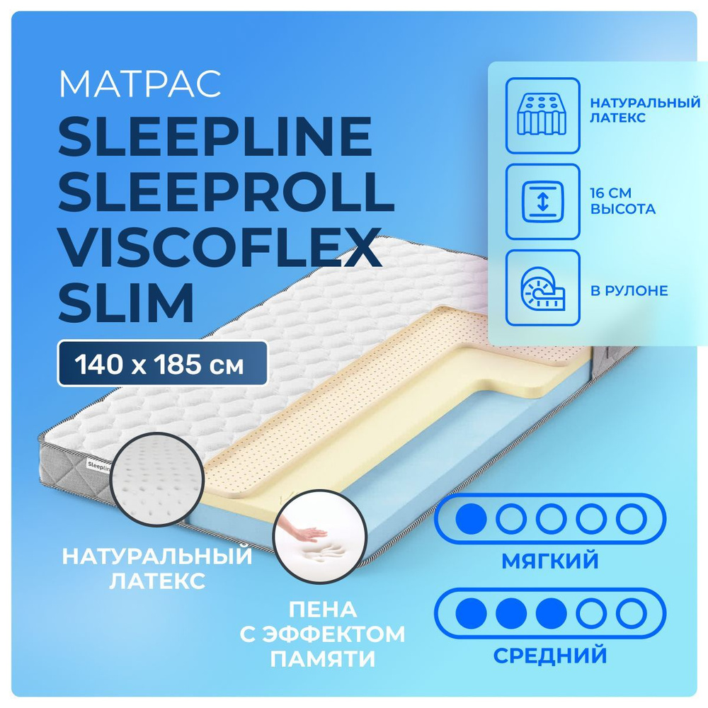 Матрас 140х185 Sleepline SleepRoll ViscoFlex Slim, беспружинный, двусторонний с разной жесткостью, мягкий, #1