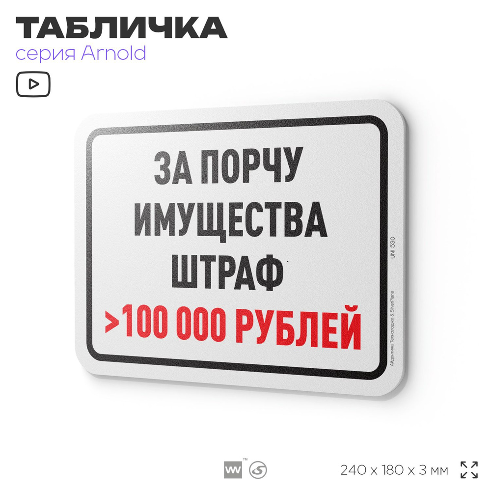 Табличка "За порчу имущества штраф 100 000 рублей", на дверь и стену, информационная, пластиковая с двусторонним #1