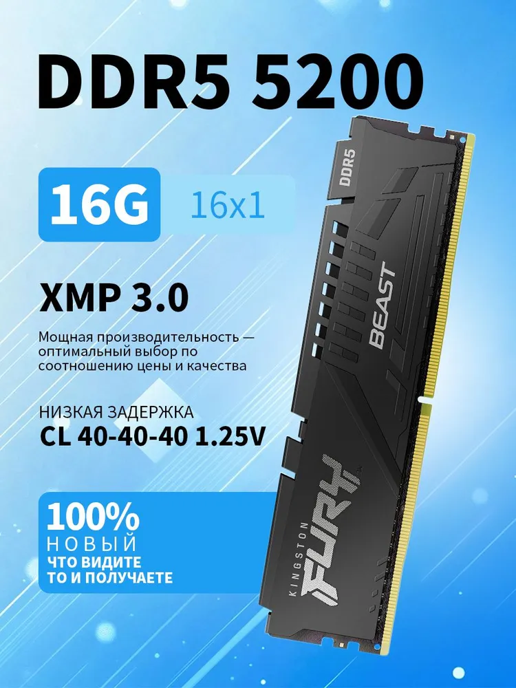 Оперативная память Beast Black DDR5 5200 МГц DDR5, 5200 МГц, 1 x 16 ГБ (KF552C40BB-16-SP)