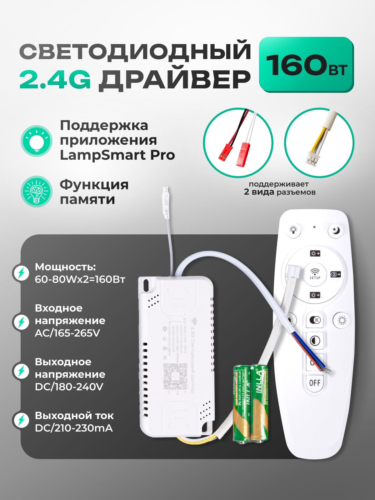 Драйвер160Втдлялюстры,светильникас2.4G-пультомиуправлениемчерезприложение,диммируемый,регулировкатемпературы30006500К