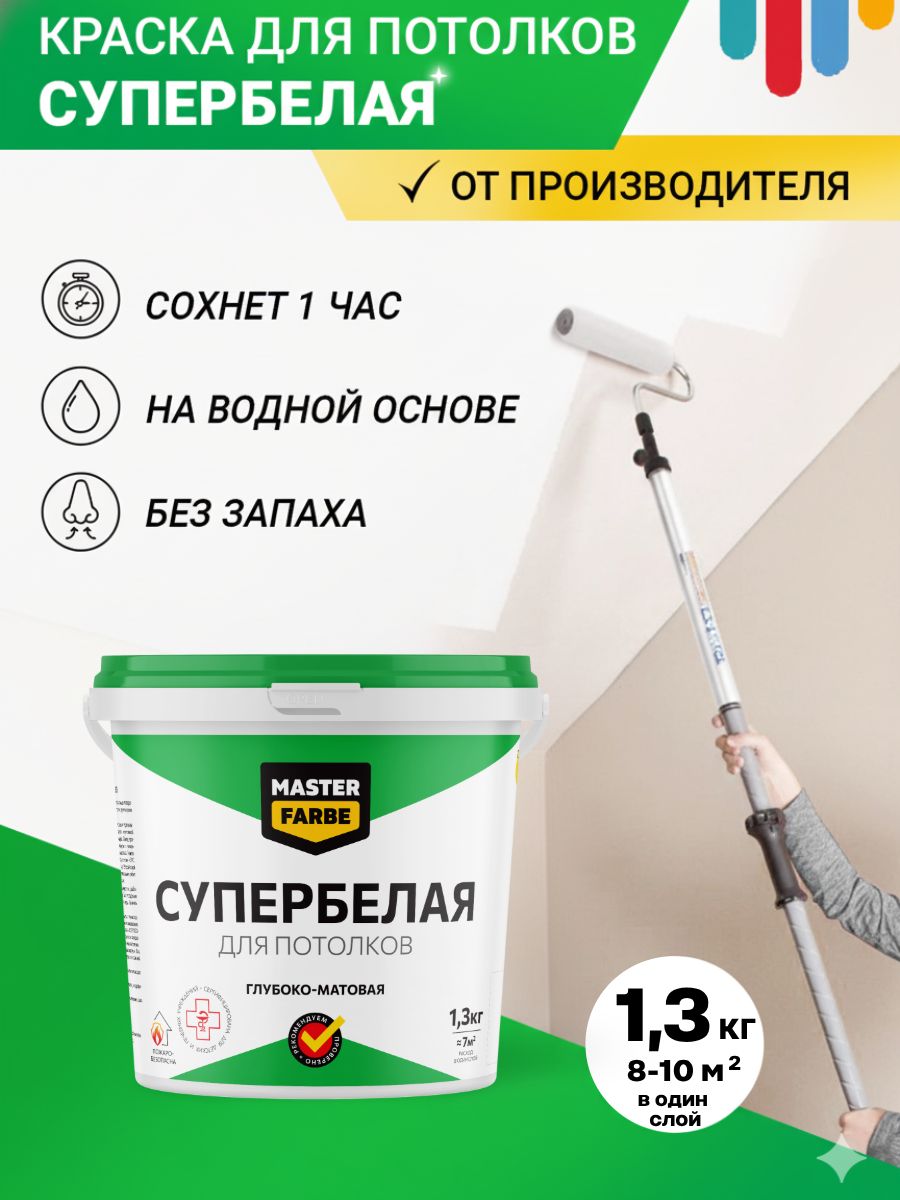 Акриловаякраскаинтерьернаядляпотолковводоэмульсионнаябелая1,3кгMASTERFARBEбыстросохнущаяматоваябеззапаха
