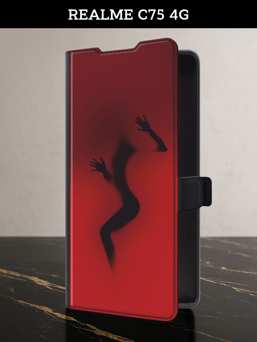 Чехол-книжканаRealmeC754G(РеалмиС754G)скартойипринтом"Женщиназастекломкрасная"