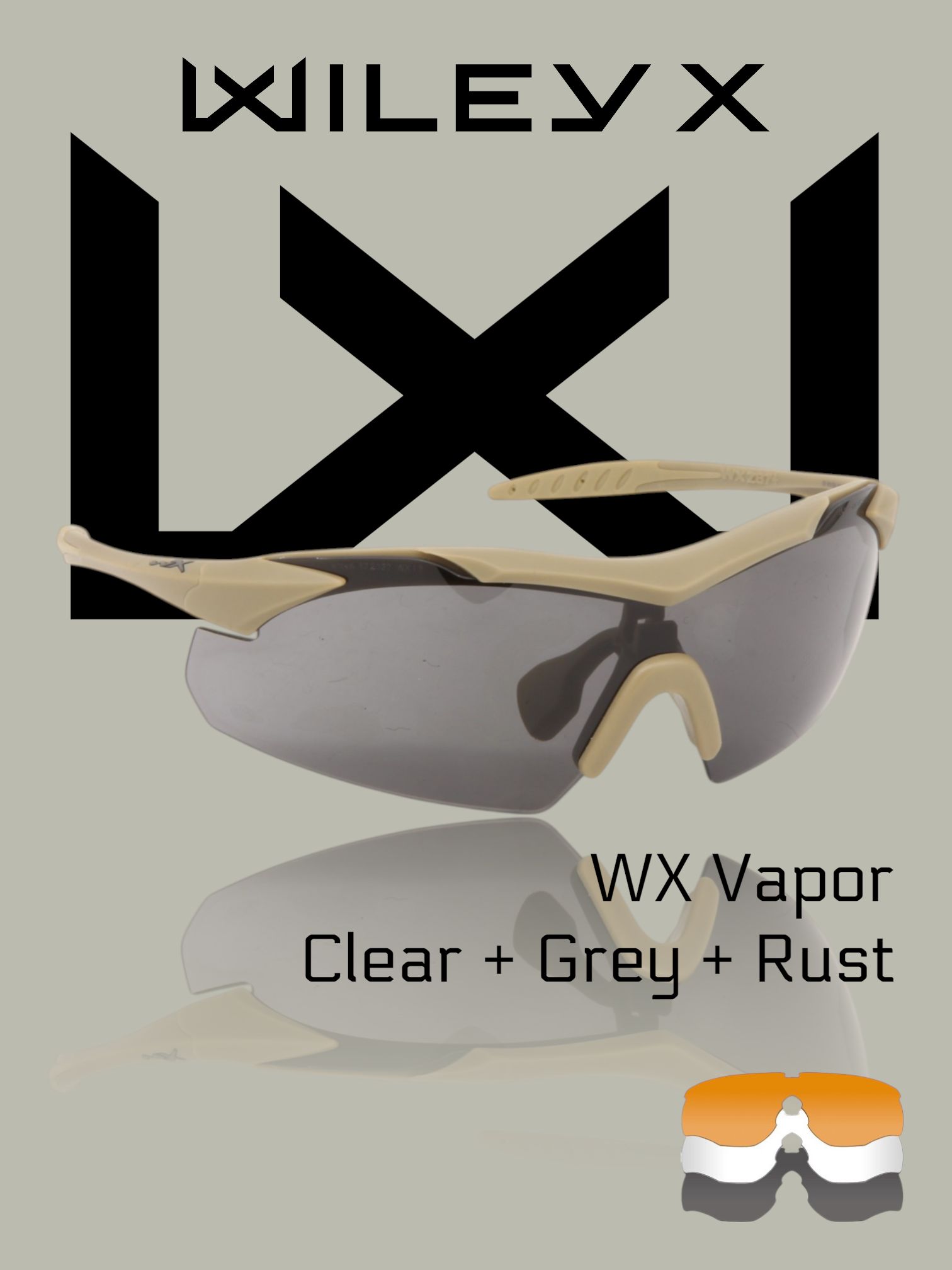 ОчкитактическиезащитныеWileyXWXVapor,оправаMatteTan,линзыClear+Grey+Rust(3512)
