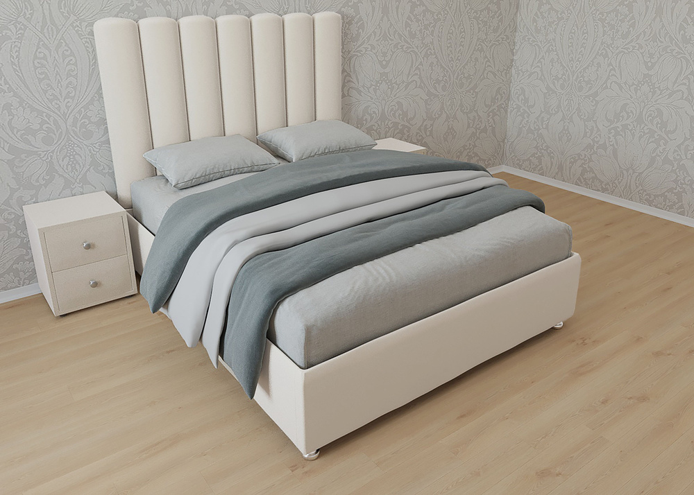 Двуспальная кровать Женева Нью 160x200 основание металлическое с ламелями велюр белый ножки 5 см  #1