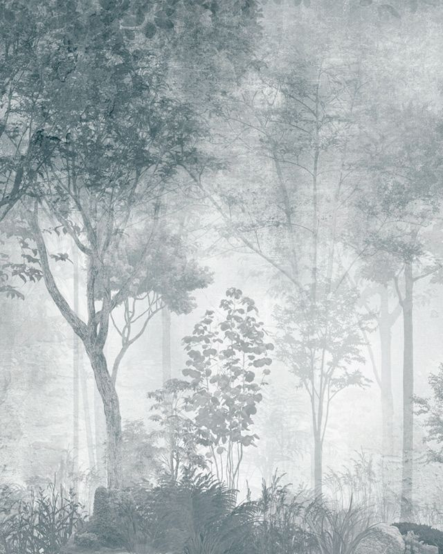 Фотообои флизелиновые на стену 3д GrandPik 10319 Лофт "Лес, деревья в тумане, винтаж, синий" (ШхВ), 200х250 #1