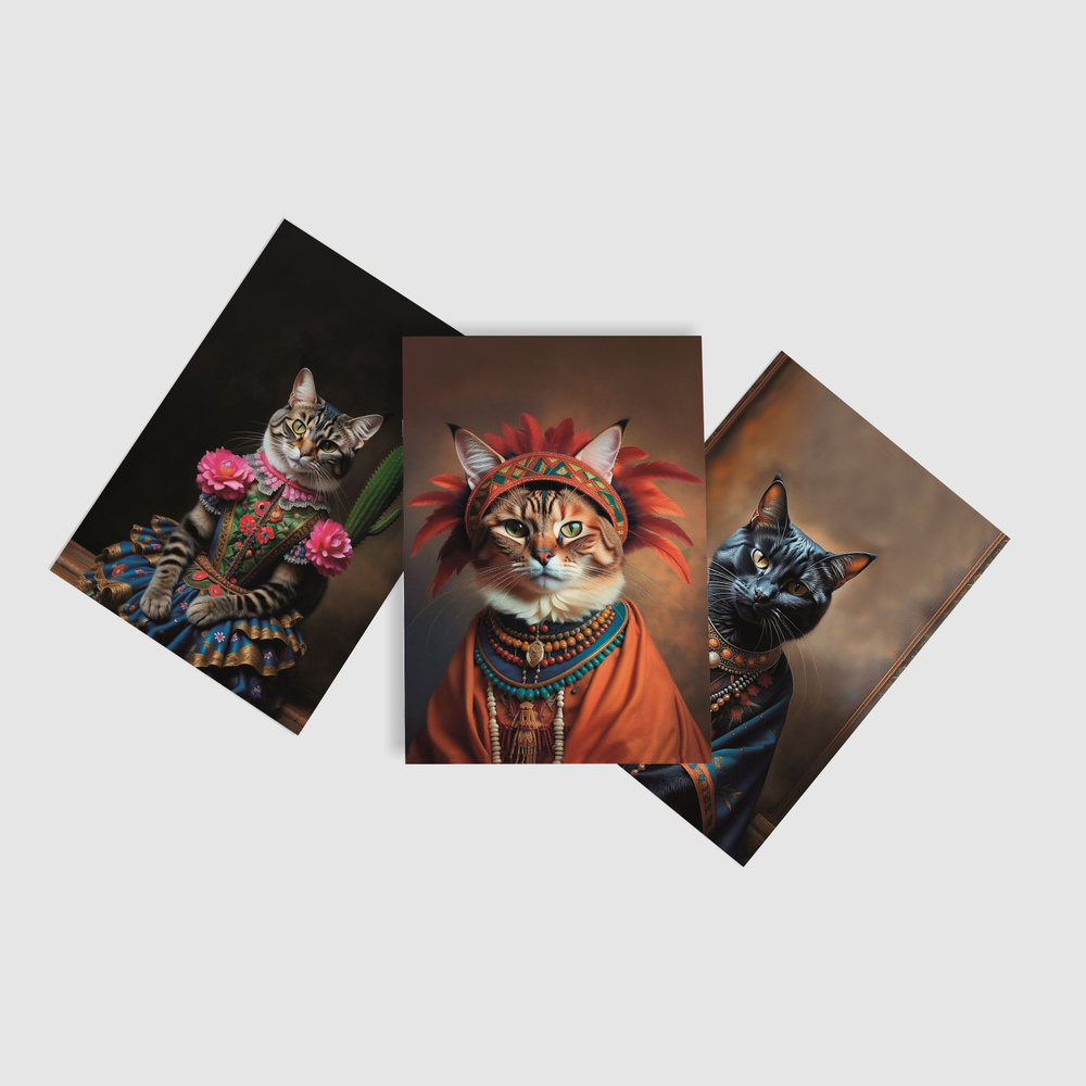 Набор открыток 3 шт. из серии "Коты народов Мира" c Soft-touch покрытием, A6.  #1