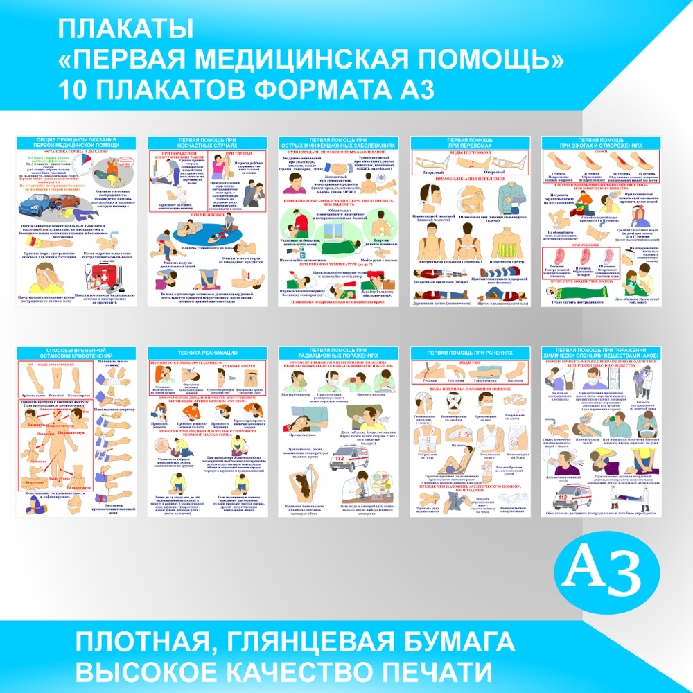 Плакаты ПЕРВАЯ МЕДИЦИНСКАЯ ПОМОЩЬ для информационного стенда 10 постеров А3  #1