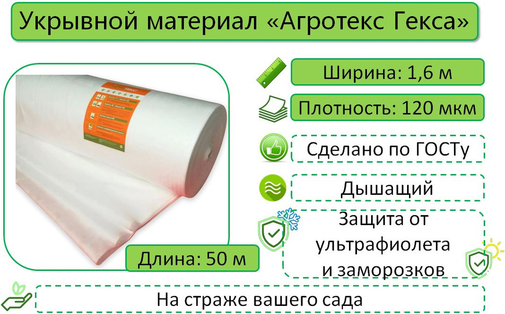 Укрывной материал Агротекс Гекса 120, Белый, 1,6м х 50м, с УФ-стабилизатором / укрывное полотно / спанбонд #1