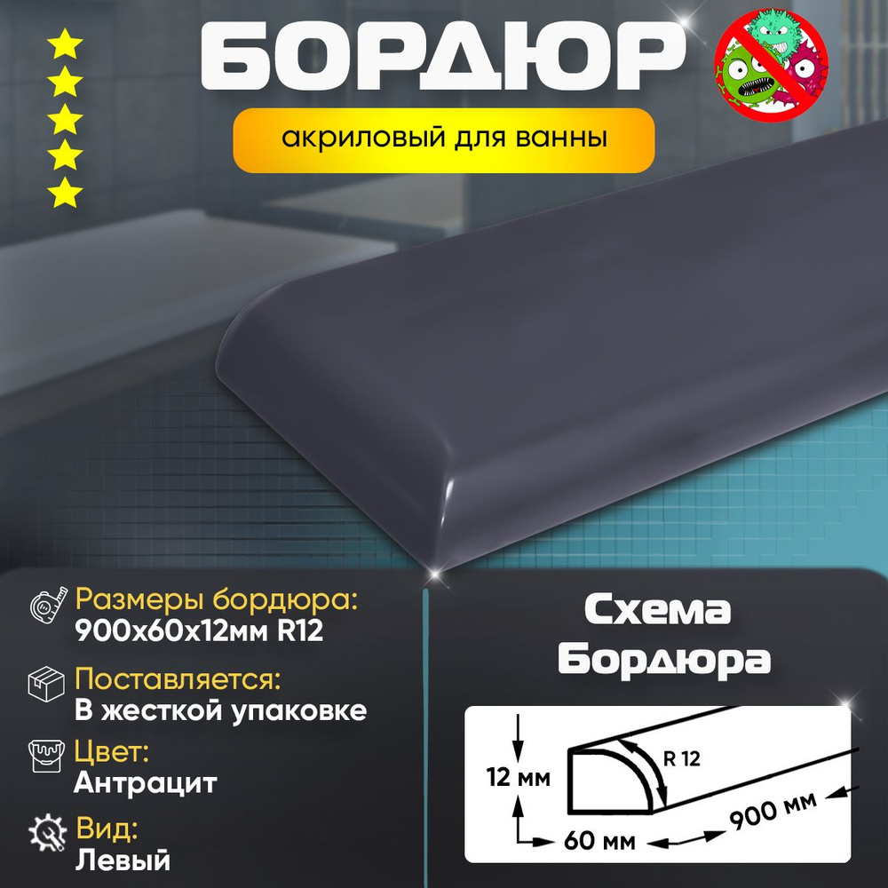 Плинтус Бордюр Акриловый для Ванной Комнаты Радиус R12 12х60х900 ЛЕВЫЙ / Цвет: Антрацит  #1