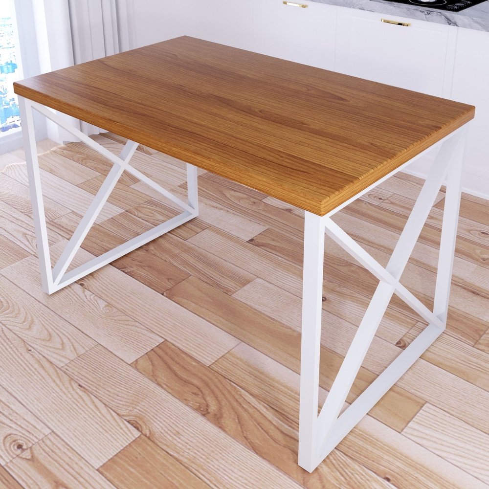 Стол кухонный Loft со столешницей цвета ольхи из массива сосны 40 мм и белыми металлическими крестообразными #1