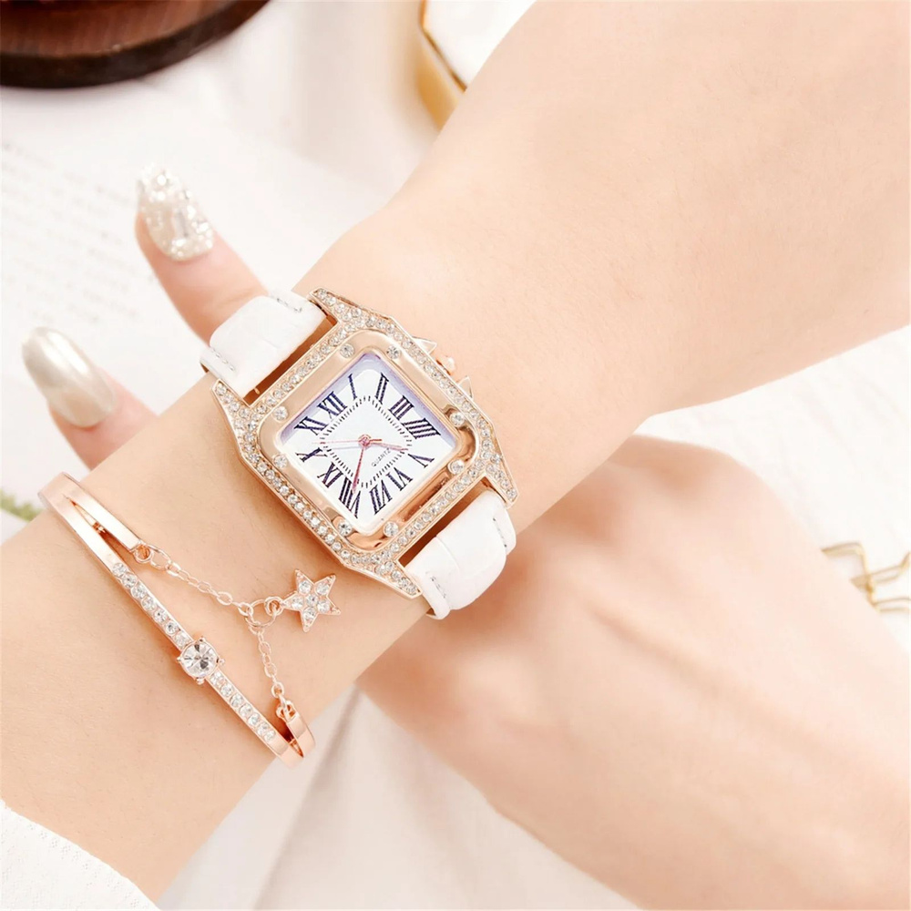 Наручные женские кварцевые часы с кристаллами белые + браслет  #1
