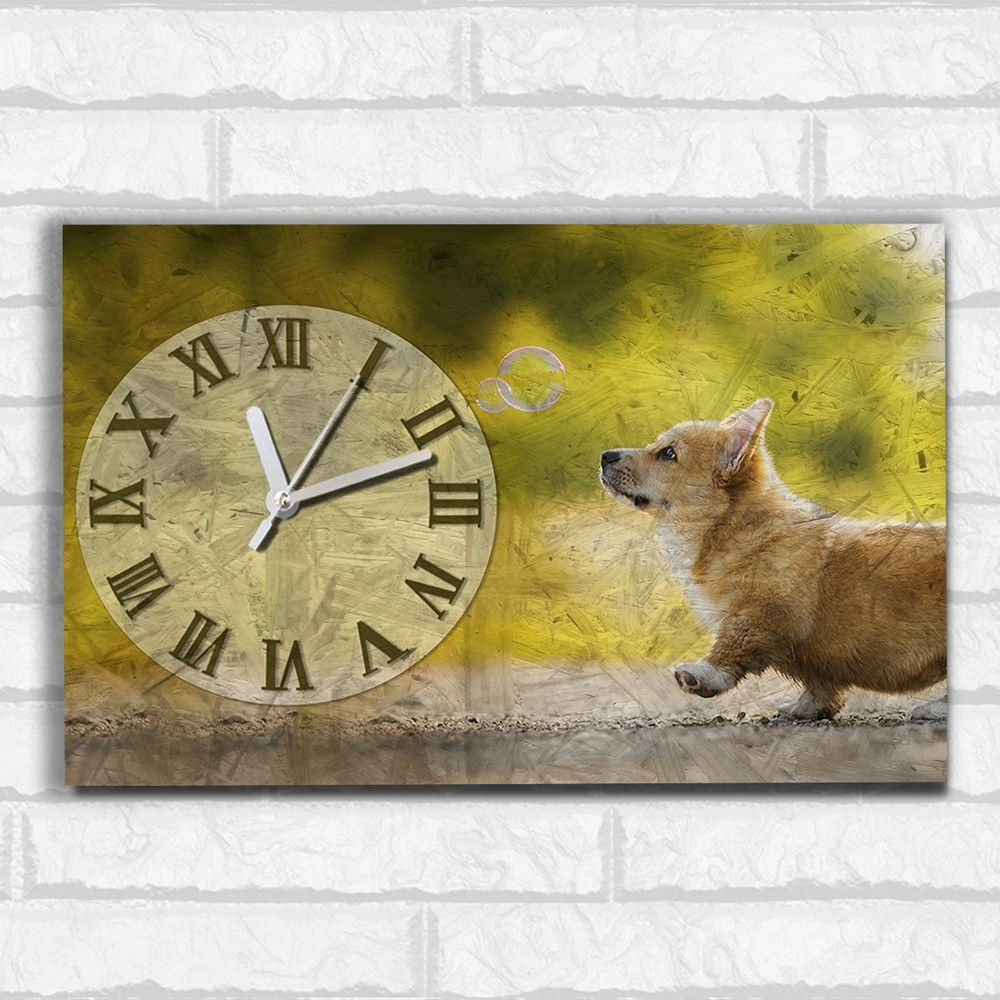Настенные бесшумные часы ОСБ со смещенным циферблатом Животные Щенок ( Собака, цветы, Корги, милота, #1